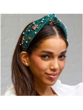 Lele Sadoughi Forest Green Angel Bell Embellished Knotted Headband NWT Authentic